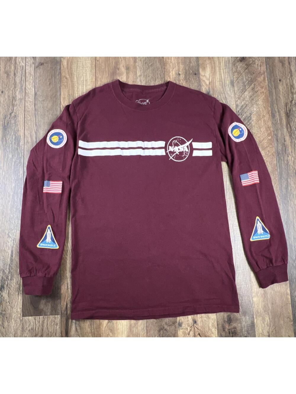 Neon Riot Men’s Size S Shirt Burgundy NASA 1981 Graphic Rocket Flag Long Sleeve